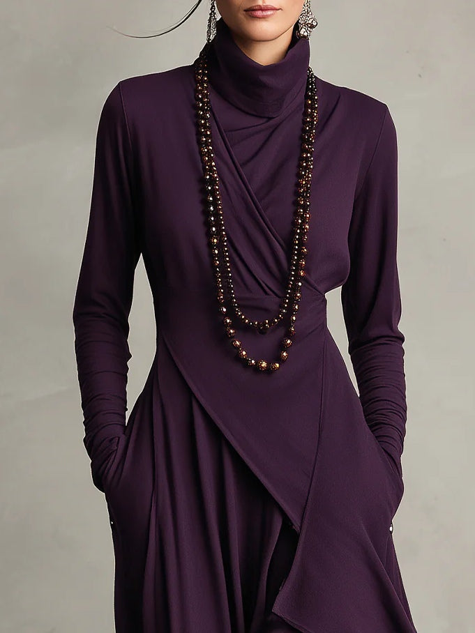 Purple High-neck Asymmetrical Pleated Maxi Dress（Necklace not included）-thevervian