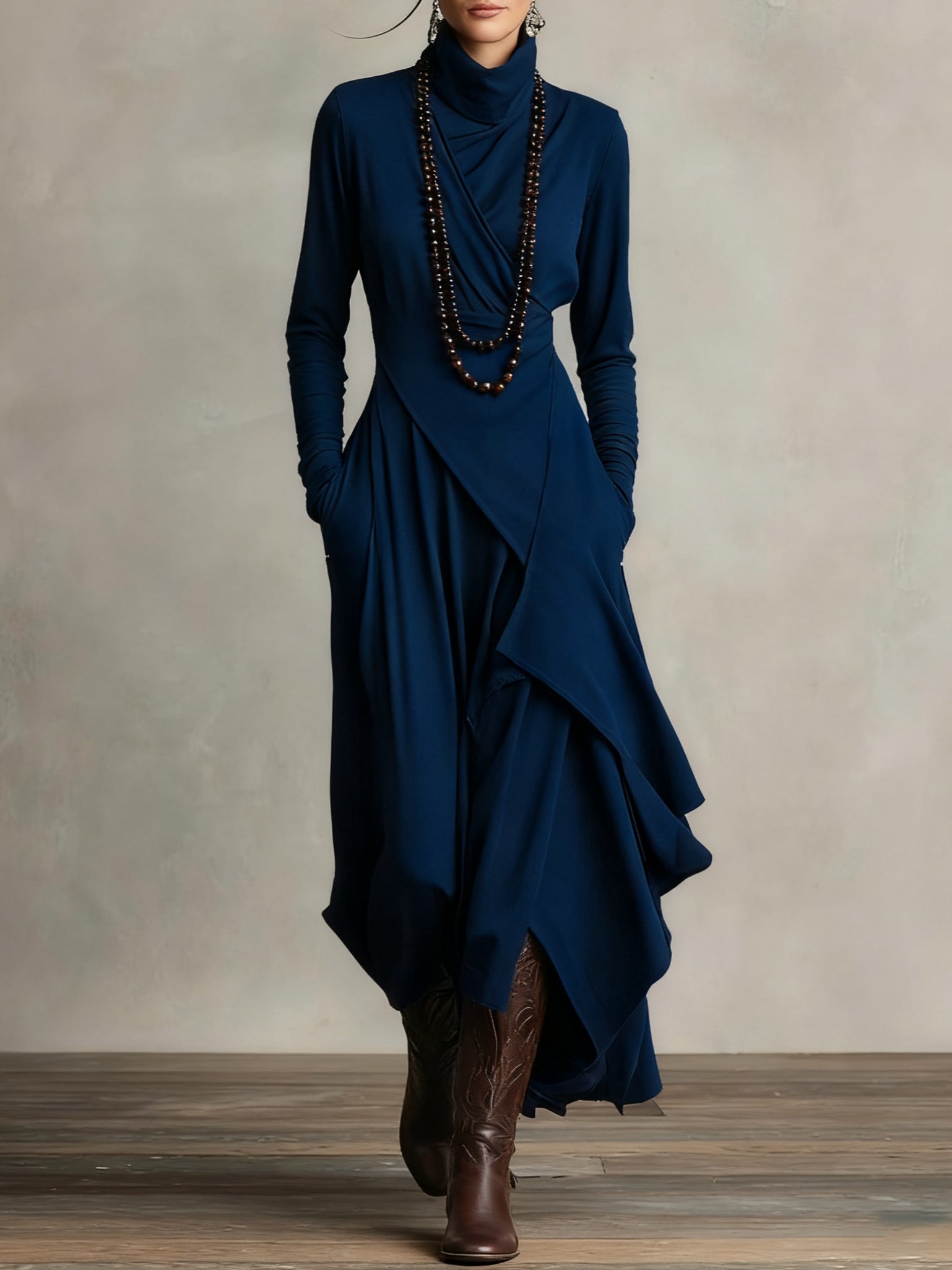 Purple High-neck Asymmetrical Pleated Maxi Dress（Necklace not included）-thevervian