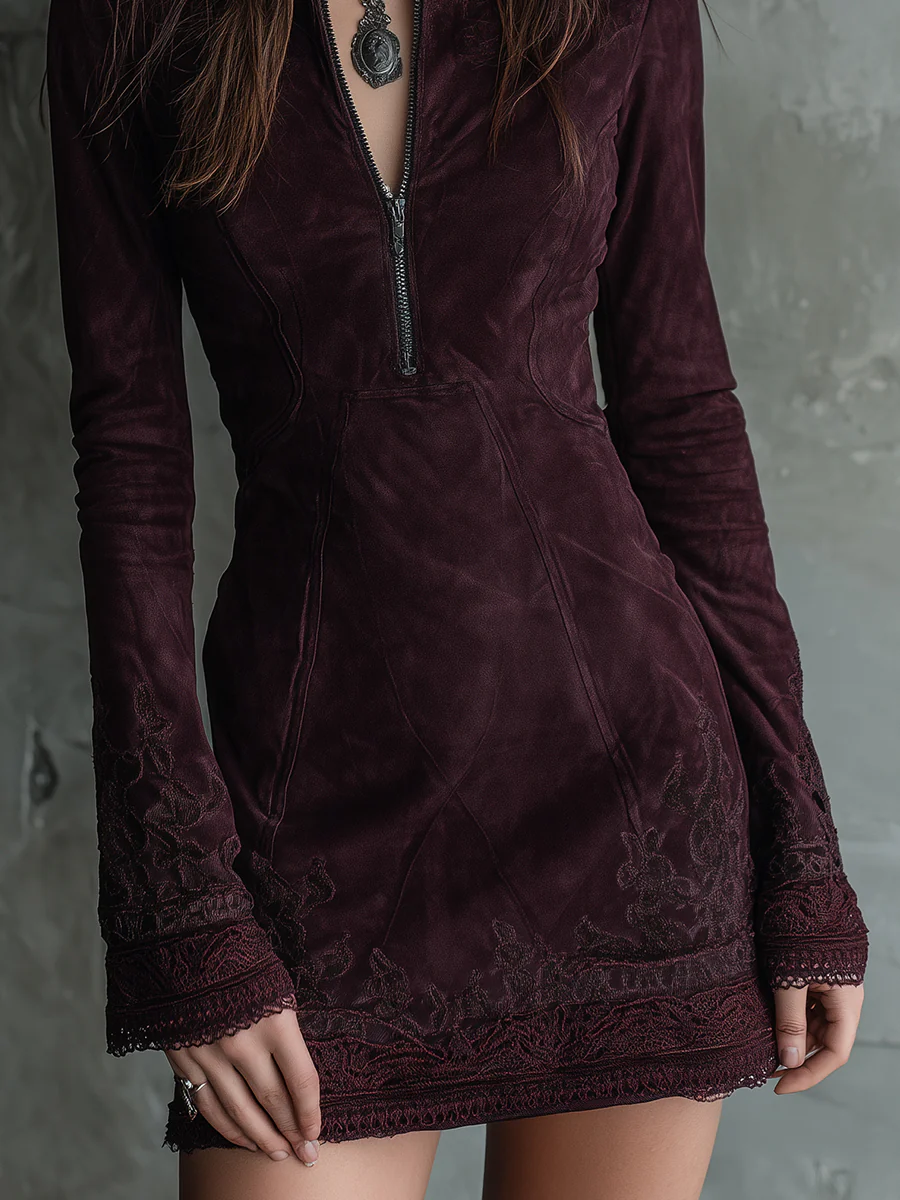 Dark Purple Vintage Faux Suede Embroidered Lace Mini Dress-thevervian