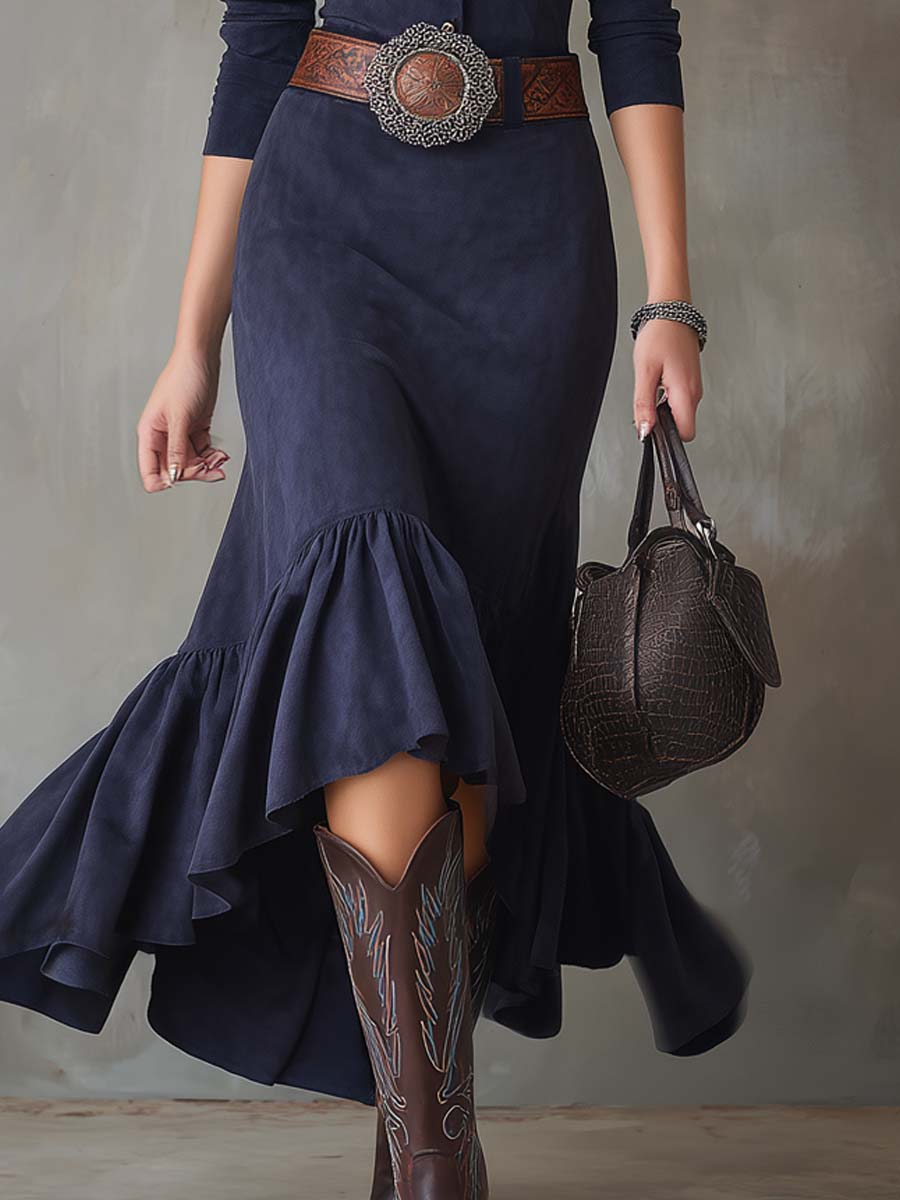 Navy Blue Stand-up Collar Button High-low Hem Maxi Dress(with belt)-thevervian