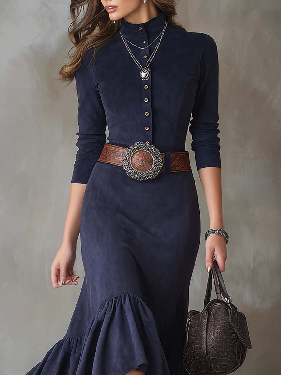 Navy Blue Stand-up Collar Button High-low Hem Maxi Dress(with belt)-thevervian