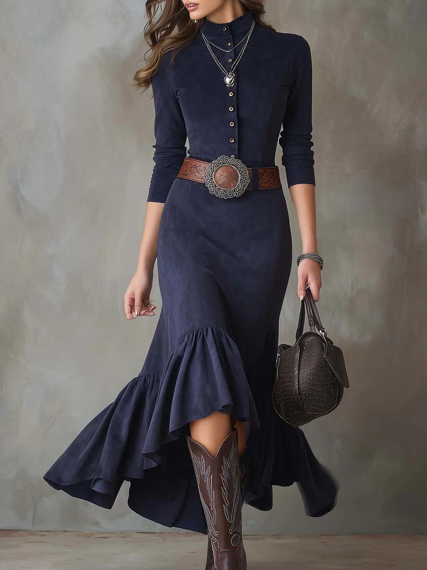Navy Blue Stand-up Collar Button High-low Hem Maxi Dress(with belt)-thevervian