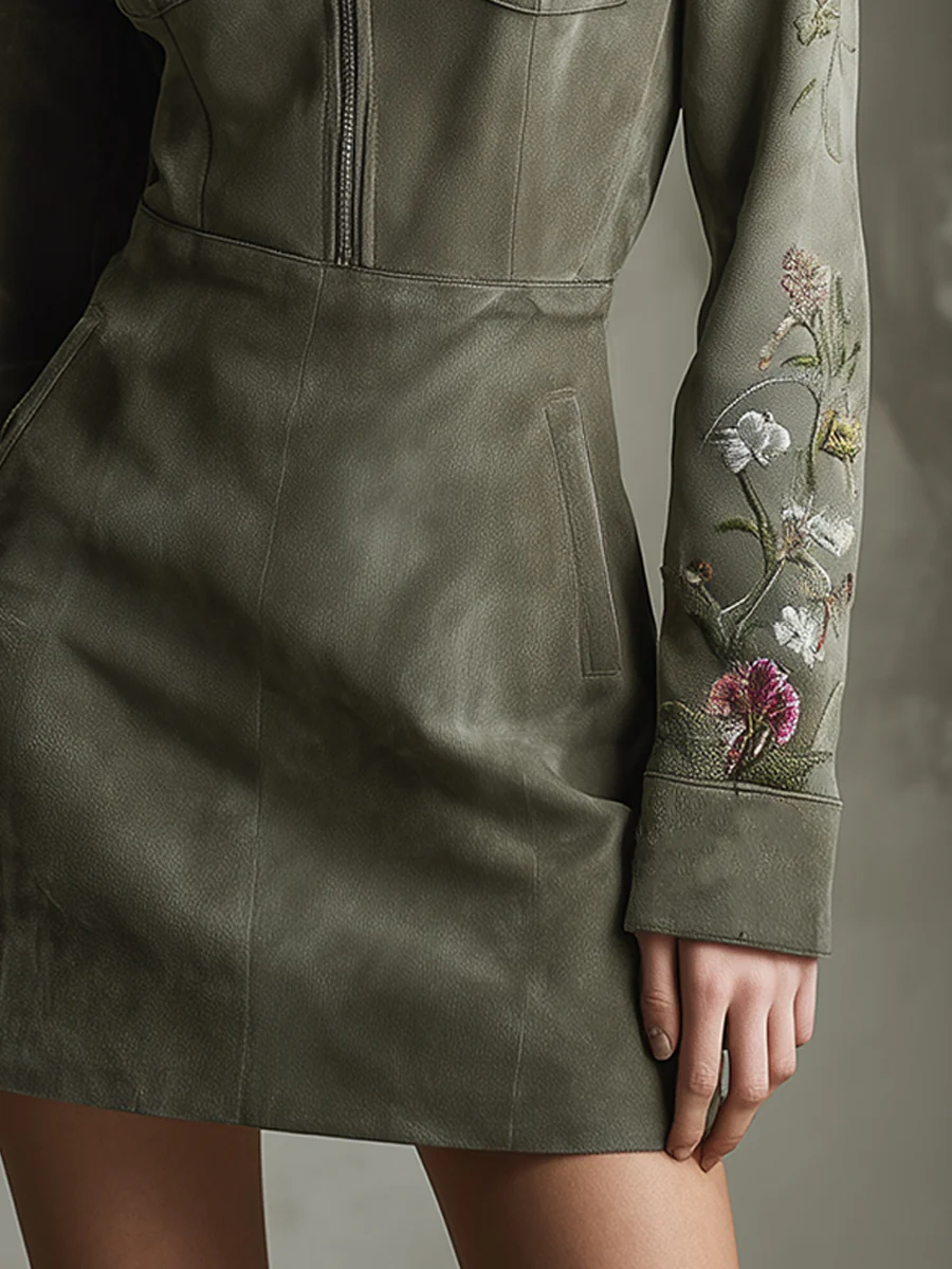 Green Embroidered Faux Suede Half-zip Mini Dress-thevervian