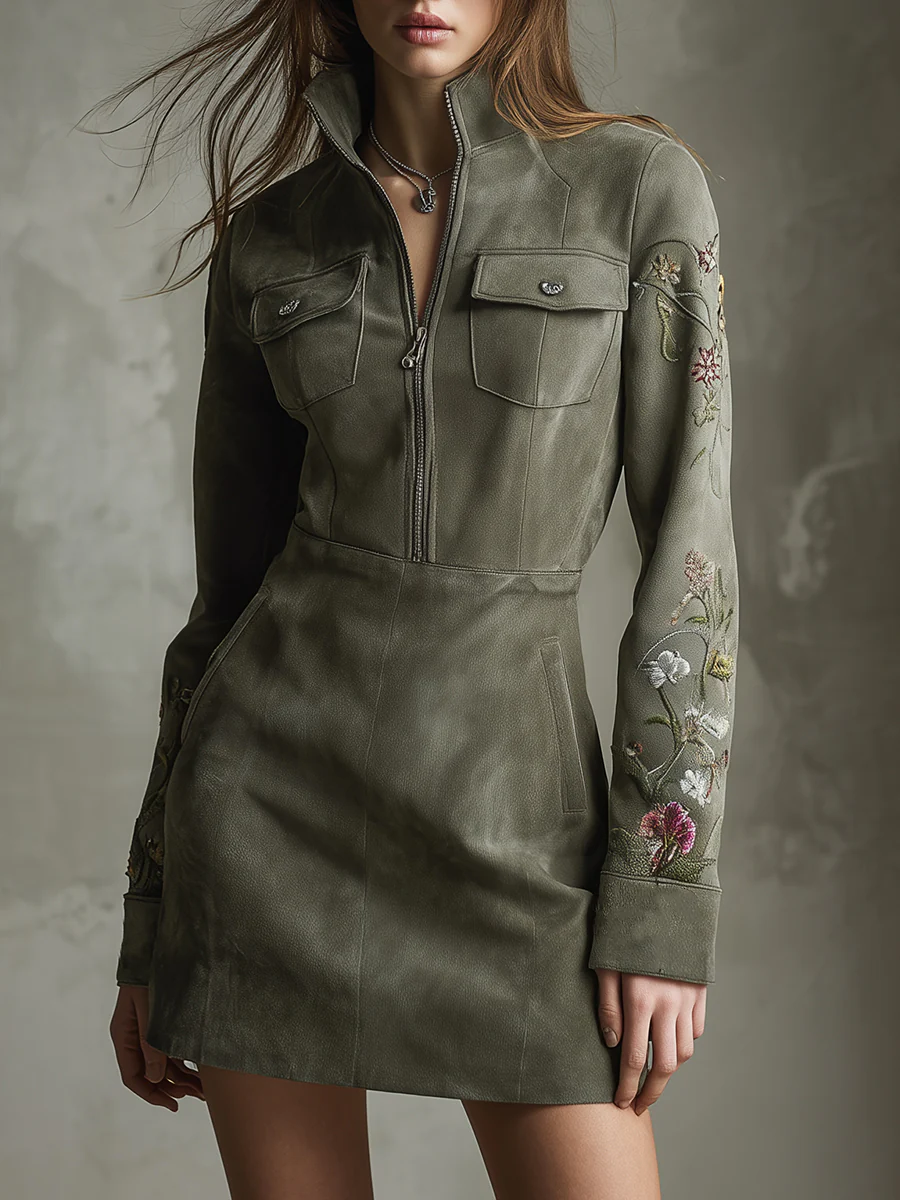 Green Embroidered Faux Suede Half-zip Mini Dress-thevervian