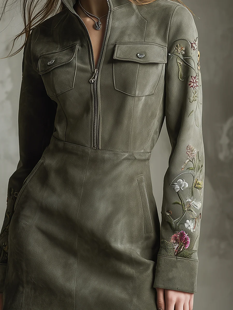 Green Embroidered Faux Suede Half-zip Mini Dress-thevervian