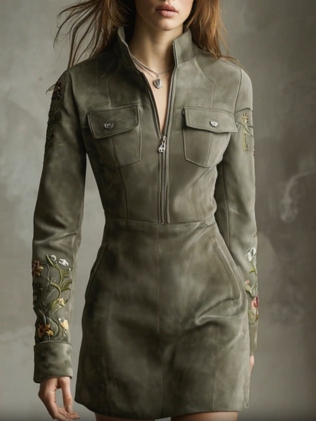 Green Embroidered Faux Suede Half-zip Mini Dress-thevervian