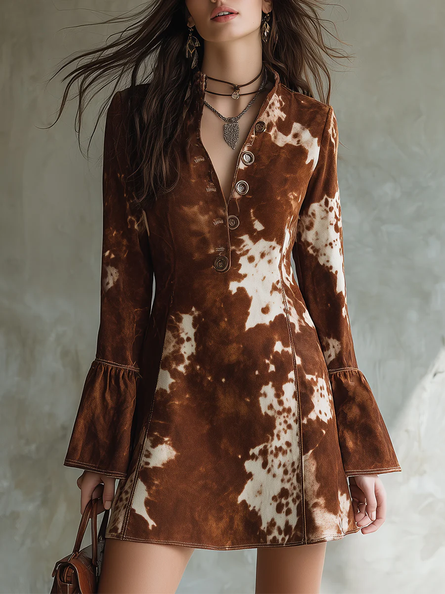Cow Print Button Faux Suede Retro Mini Dress-thevervian
