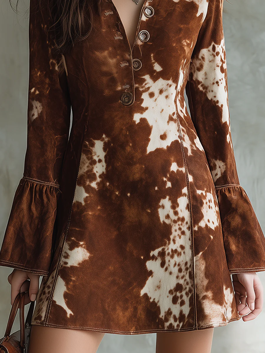 Cow Print Button Faux Suede Retro Mini Dress-thevervian