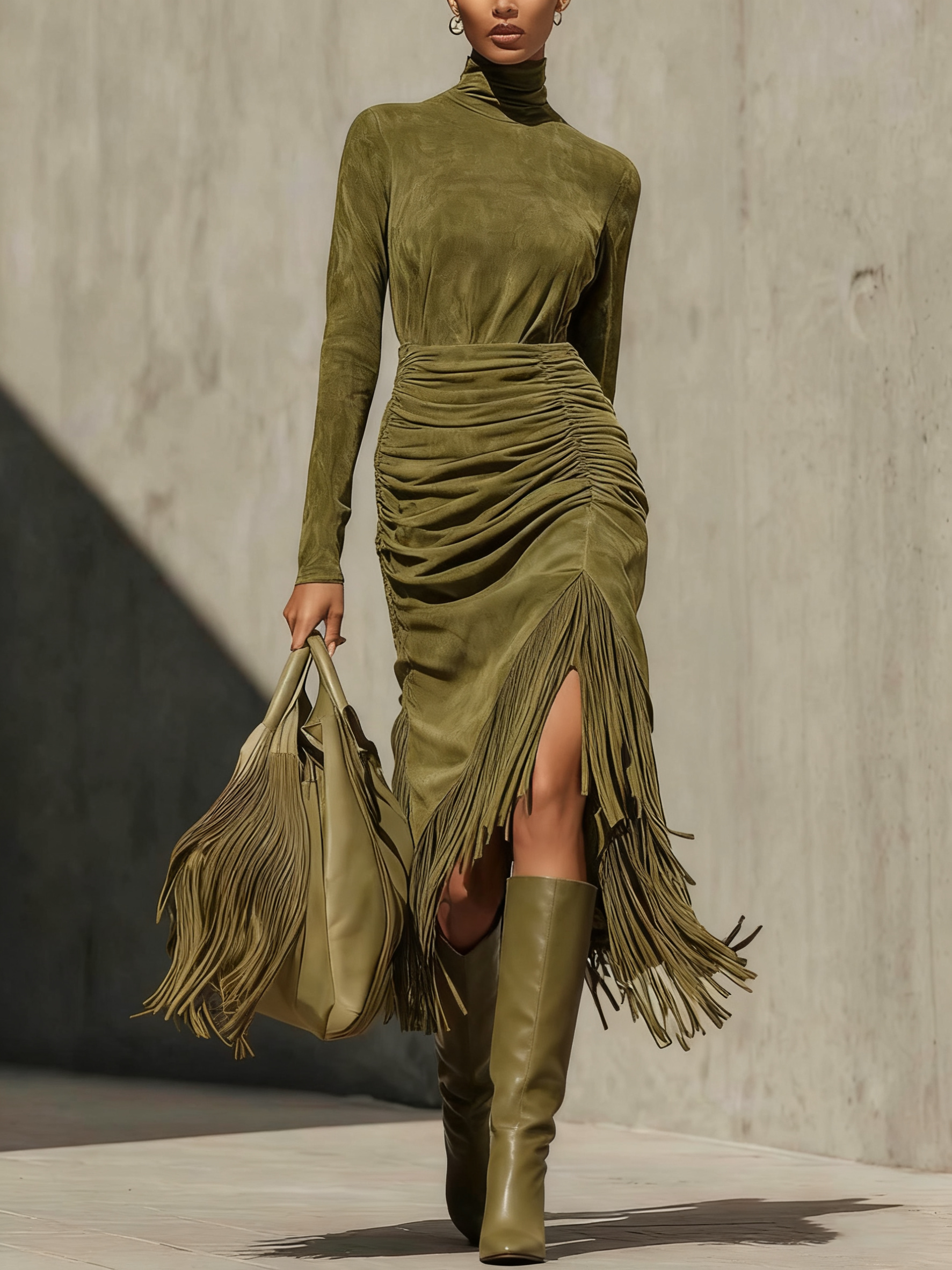 Olive Green High-neck Faux Suede Pleated Tassel Wrap Midi Dress-thevervian