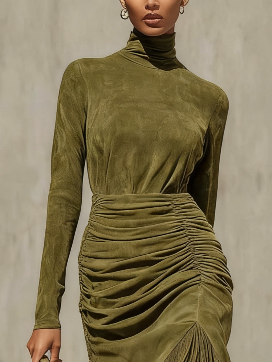Olive Green High-neck Faux Suede Pleated Tassel Wrap Midi Dress-thevervian