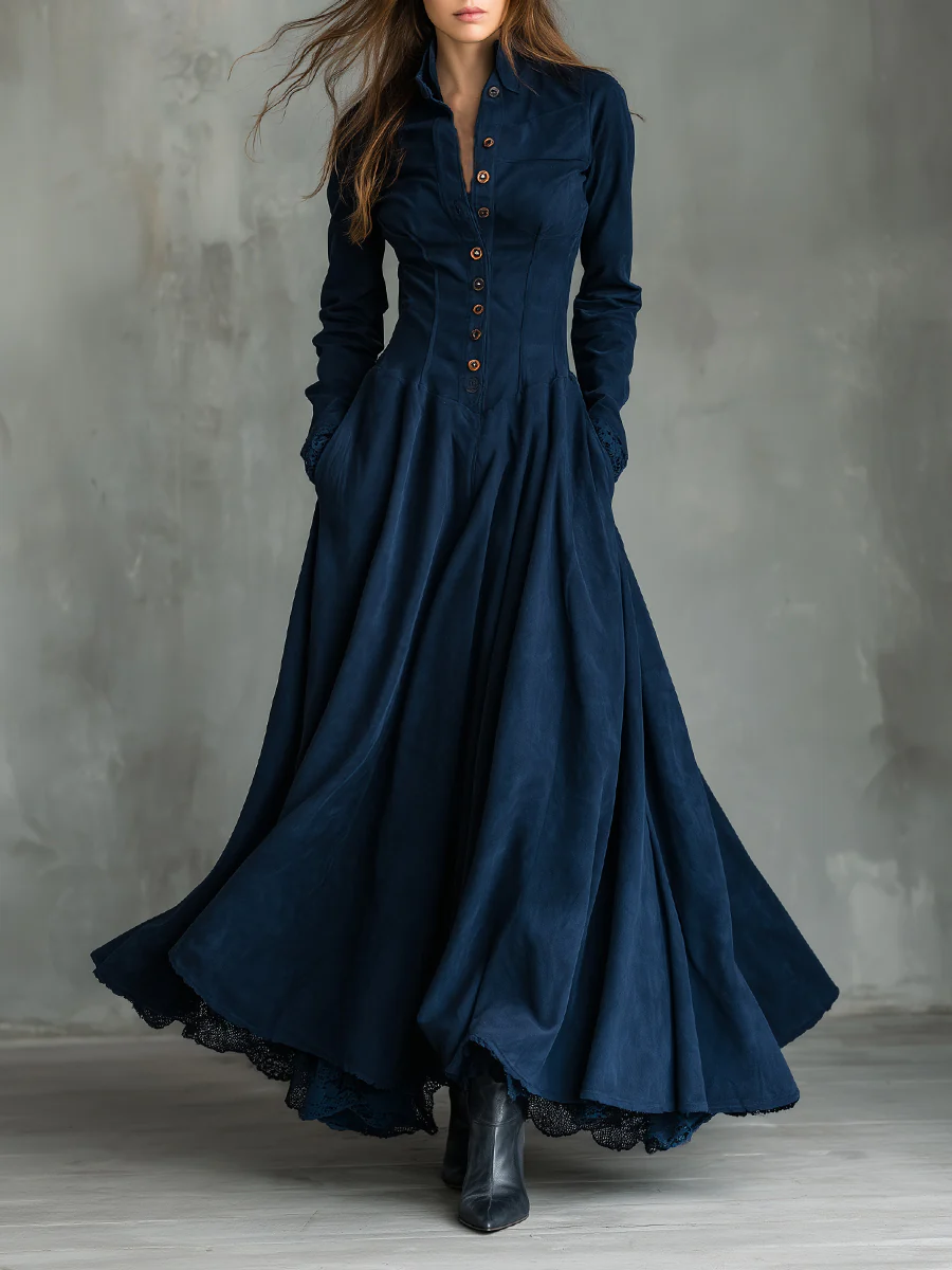 Gothic Dark Blue Faux Suede Lace-trimmed Shirt Collar Maxi Dress-thevervian