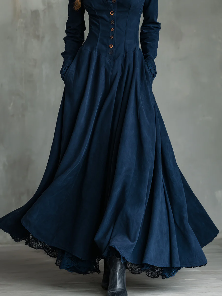 Gothic Dark Blue Faux Suede Lace-trimmed Shirt Collar Maxi Dress-thevervian