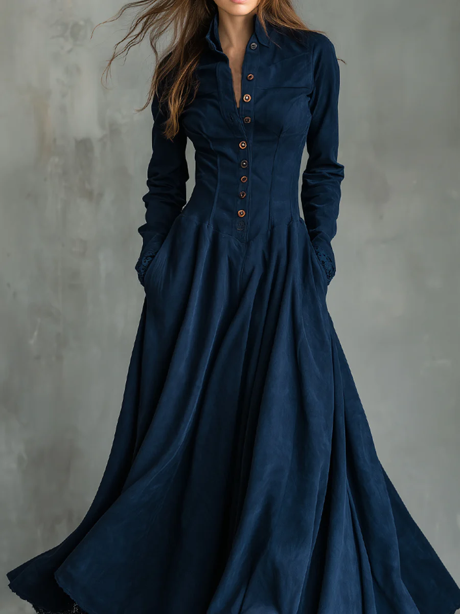Gothic Dark Blue Faux Suede Lace-trimmed Shirt Collar Maxi Dress-thevervian