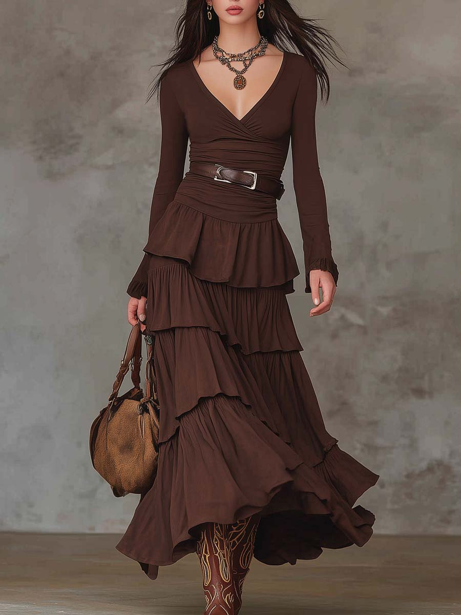 Brown Retro V-neck Multi-layered Ruffled Maxi Dress（With belt）-thevervian