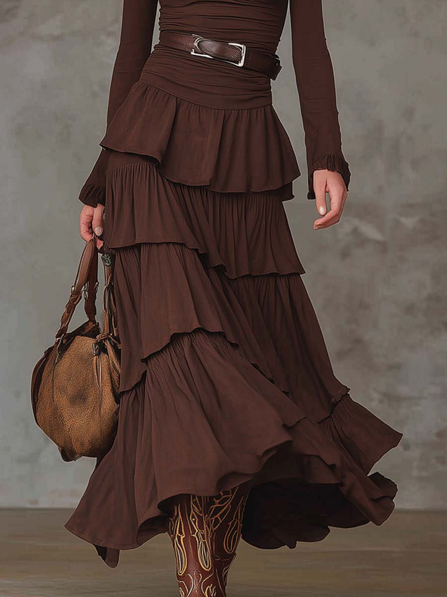 Brown Retro V-neck Multi-layered Ruffled Maxi Dress（With belt）-thevervian