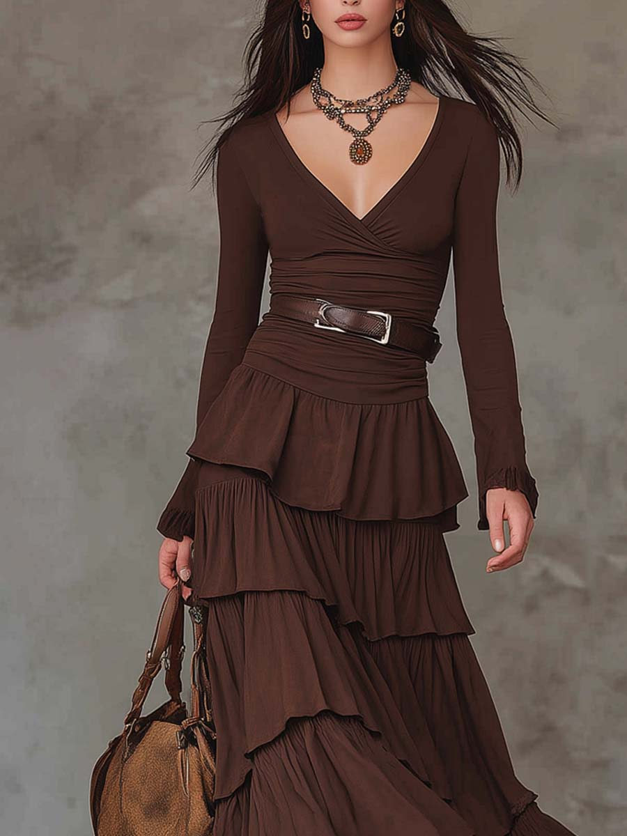 Brown Retro V-neck Multi-layered Ruffled Maxi Dress（With belt）-thevervian