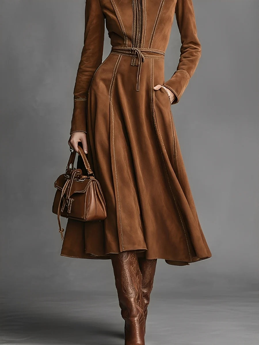Brown Faux Suede Front Zipper Belted Elegant Maxi Dress-thevervian