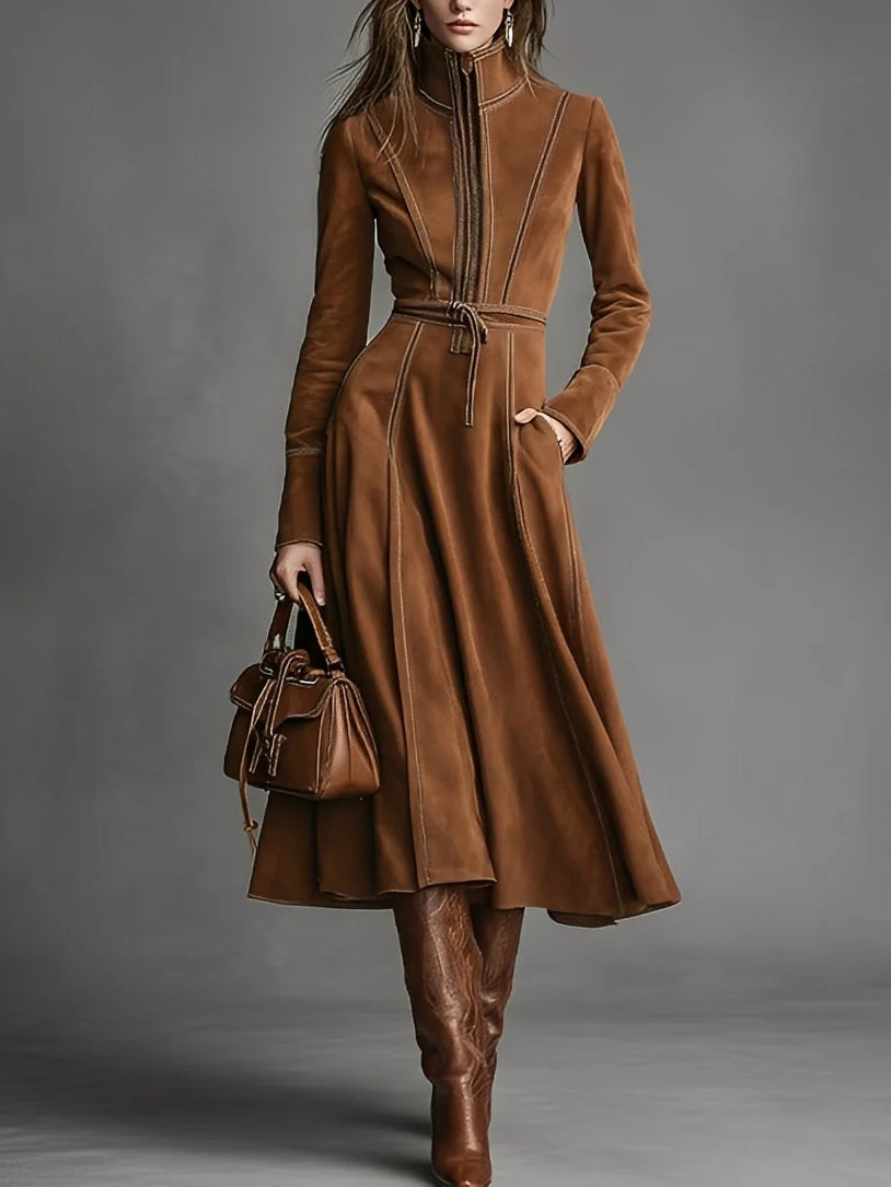 Brown Faux Suede Front Zipper Belted Elegant Maxi Dress-thevervian