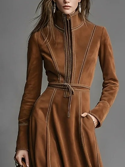Brown Faux Suede Front Zipper Belted Elegant Maxi Dress-thevervian