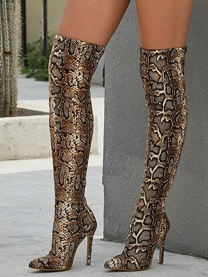 Vintage Snakeskin Brown Over-the-knee Boots-thevervian