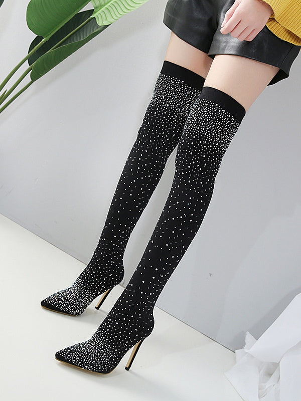 Sparkling Rhinestone-studded Over-the-knee Elastic Sock Boots-thevervian