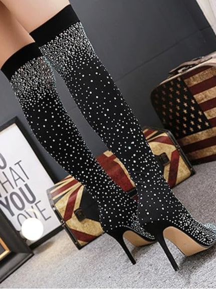Sparkling Rhinestone-studded Over-the-knee Elastic Sock Boots-thevervian