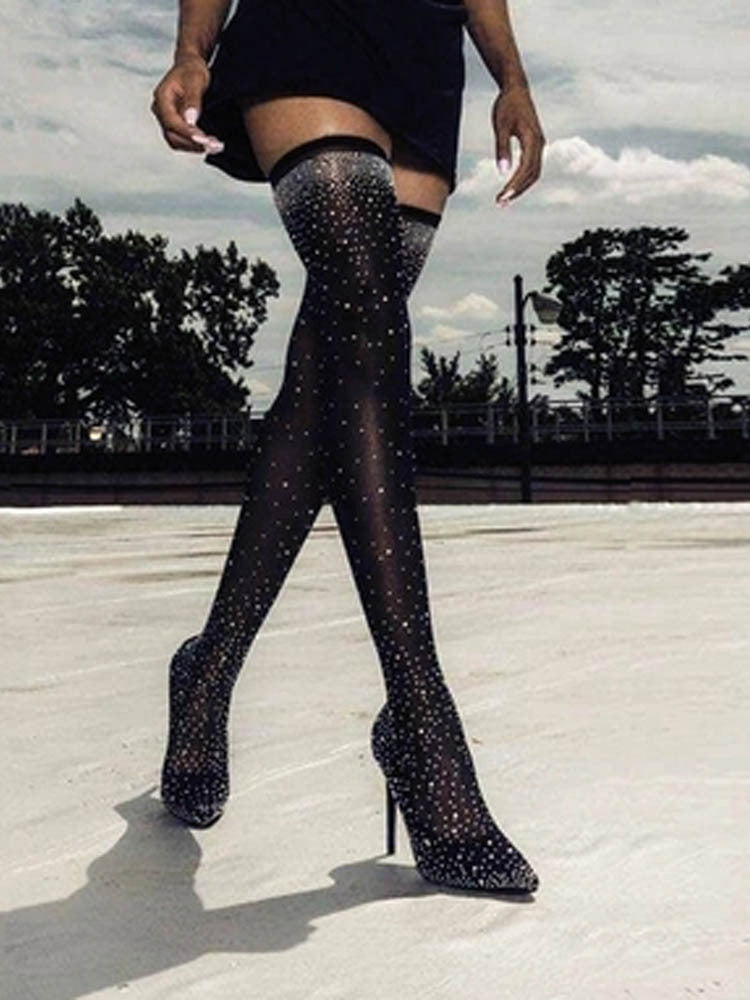 Sparkling Rhinestone-studded Over-the-knee Elastic Sock Boots-thevervian