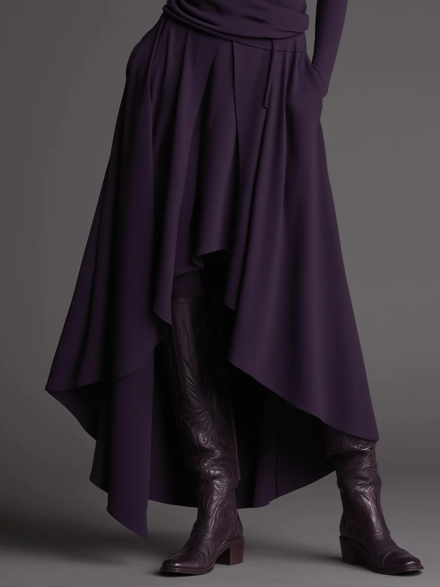 Purple Turtleneck Top and Asymmetrical Skirt Two-piece Set-thevervian