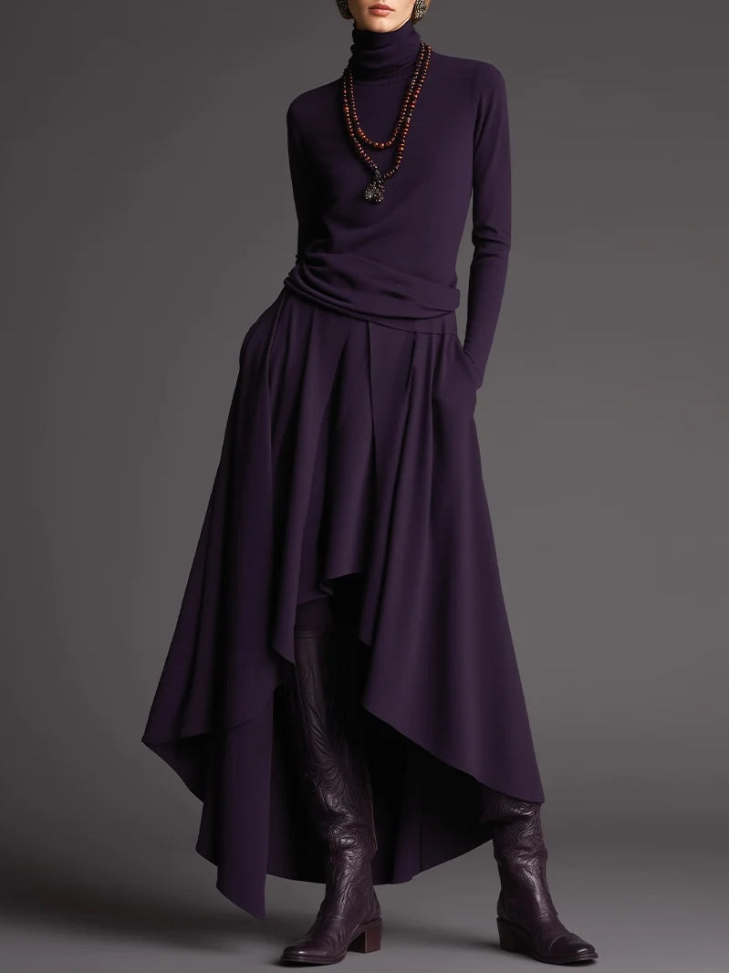 Purple Turtleneck Top and Asymmetrical Skirt Two-piece Set-thevervian