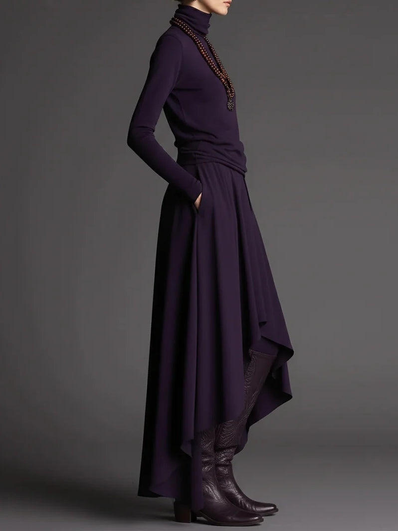 Purple Turtleneck Top and Asymmetrical Skirt Two-piece Set-thevervian