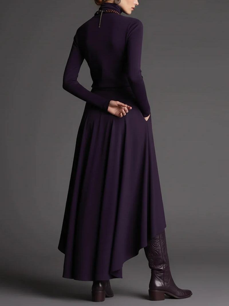 Purple Turtleneck Top and Asymmetrical Skirt Two-piece Set-thevervian