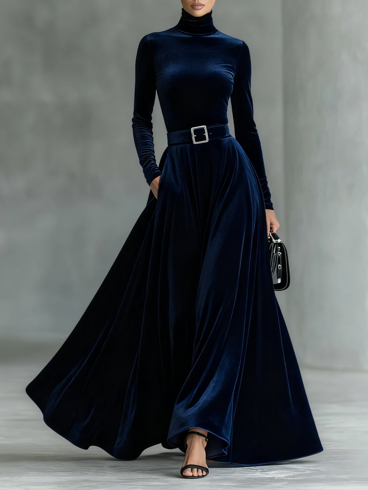 Minimalist Velvet Turtleneck Maxi Dress (with belt)-thevervian