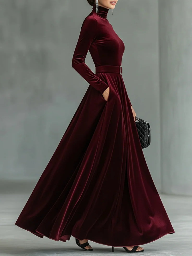Minimalist Velvet Turtleneck Maxi Dress (with belt)-thevervian