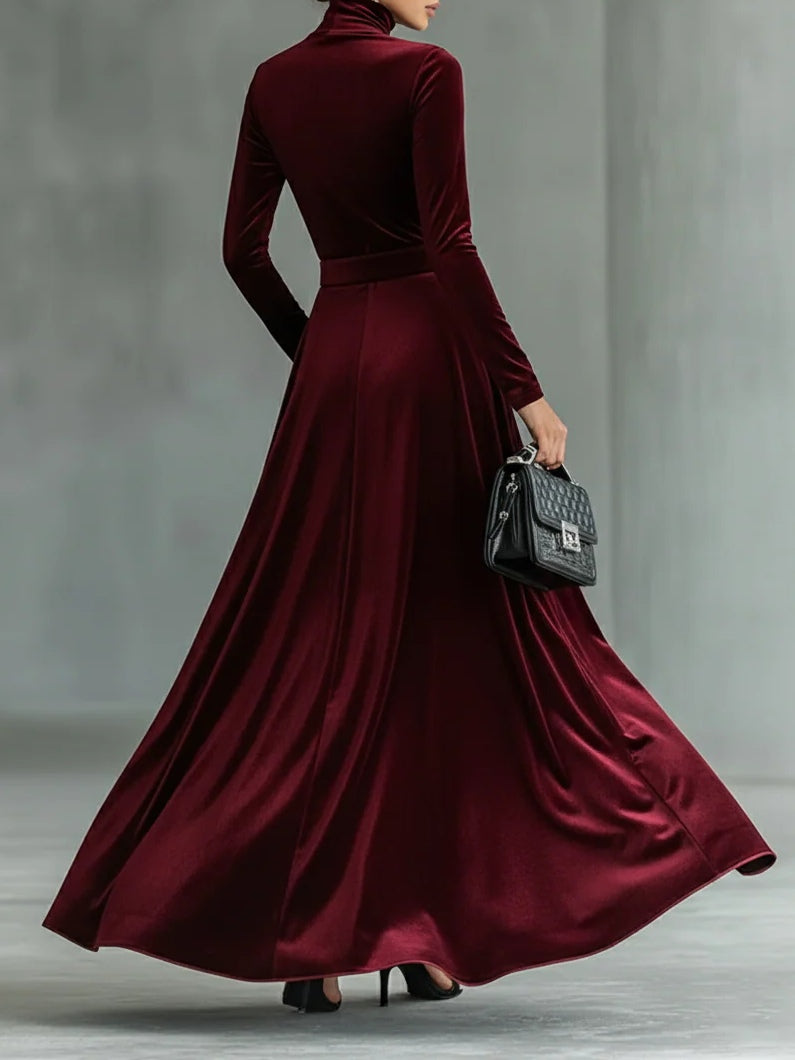 Minimalist Velvet Turtleneck Maxi Dress (with belt)-thevervian