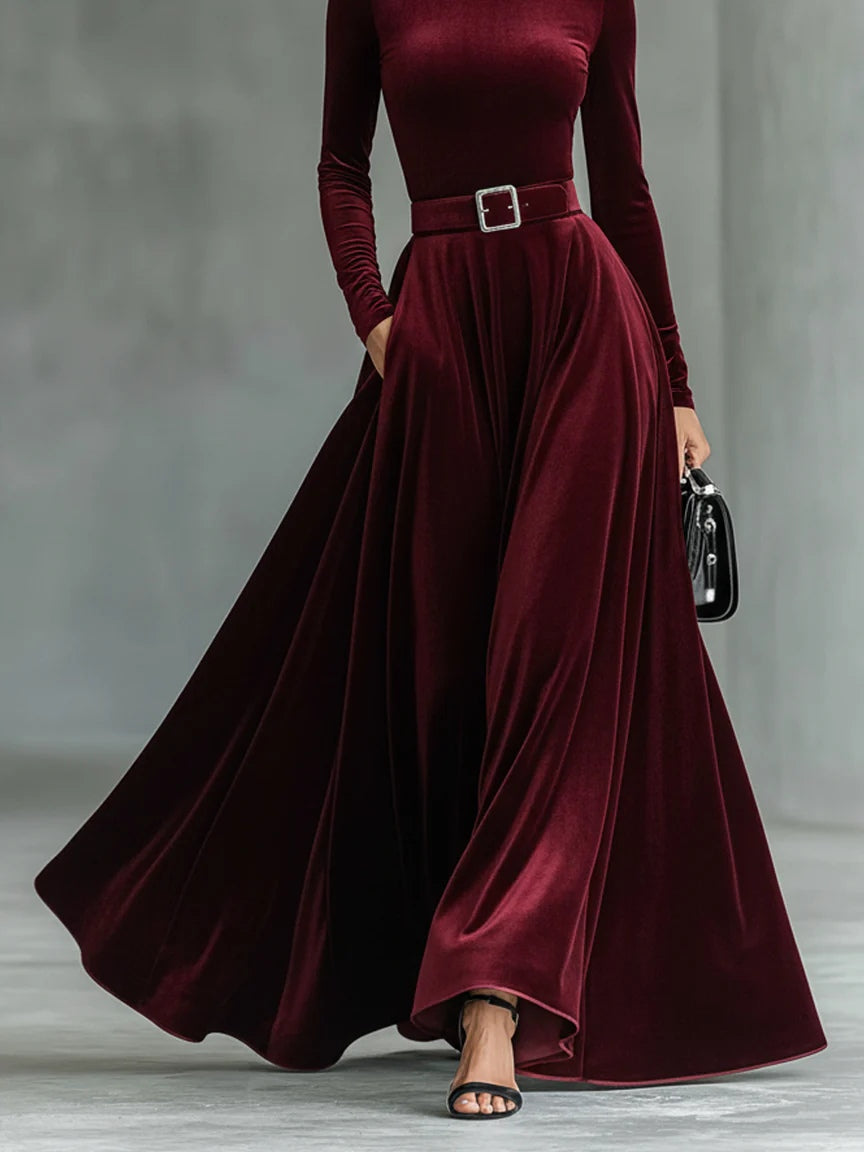 Minimalist Velvet Turtleneck Maxi Dress (with belt)-thevervian