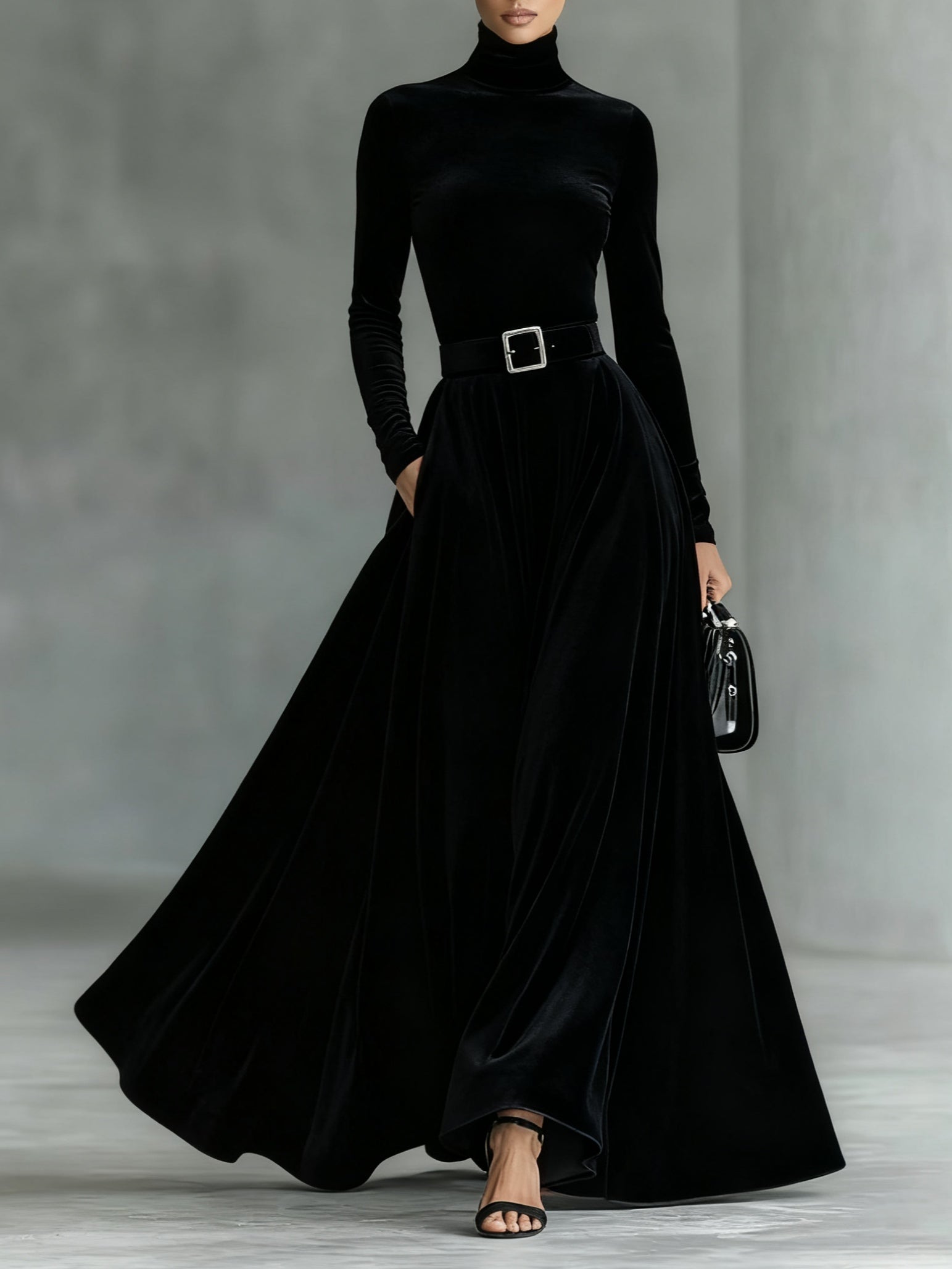 Minimalist Velvet Turtleneck Maxi Dress (with belt)-thevervian