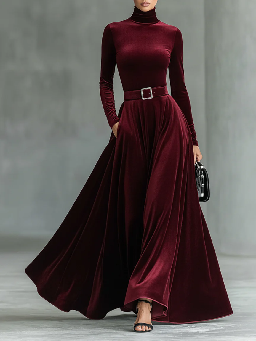 Minimalist Velvet Turtleneck Maxi Dress (with belt)-thevervian