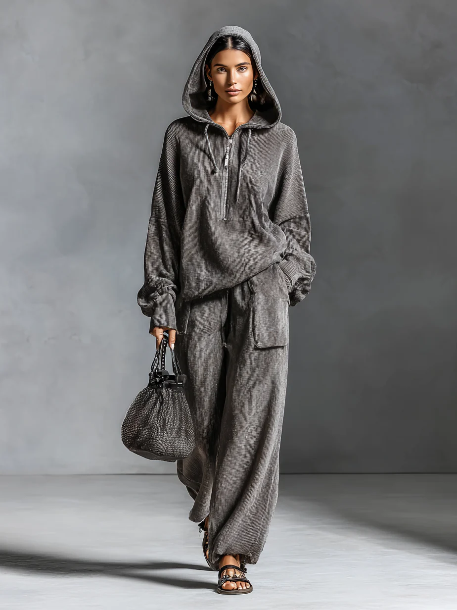 Dark Gray Casual Corduroy Hooded Sweatshirt and Straight-leg Pants Two-piece Set-thevervian