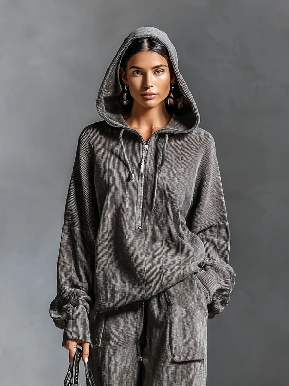 Dark Gray Casual Corduroy Hooded Sweatshirt and Straight-leg Pants Two-piece Set-thevervian