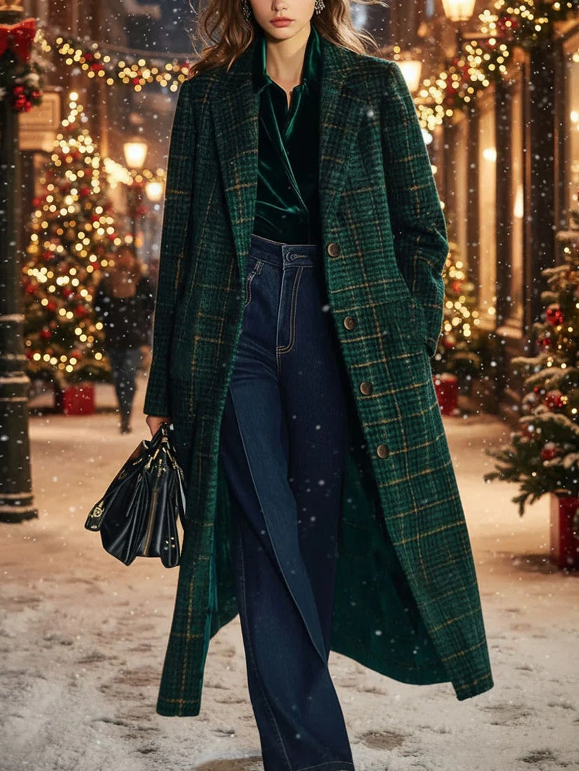 Retro Classic Dark Green Plaid Long Coat-thevervian