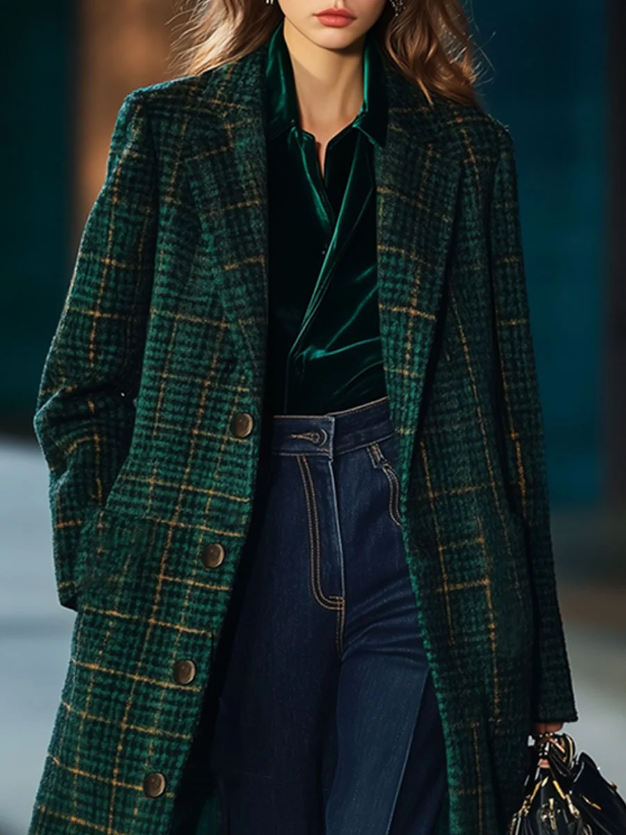 Retro Classic Dark Green Plaid Long Coat-thevervian