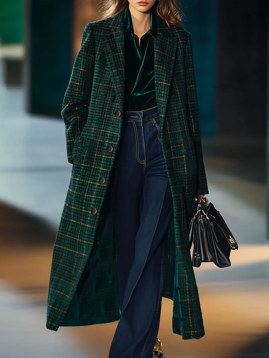 Retro Classic Dark Green Plaid Long Coat-thevervian
