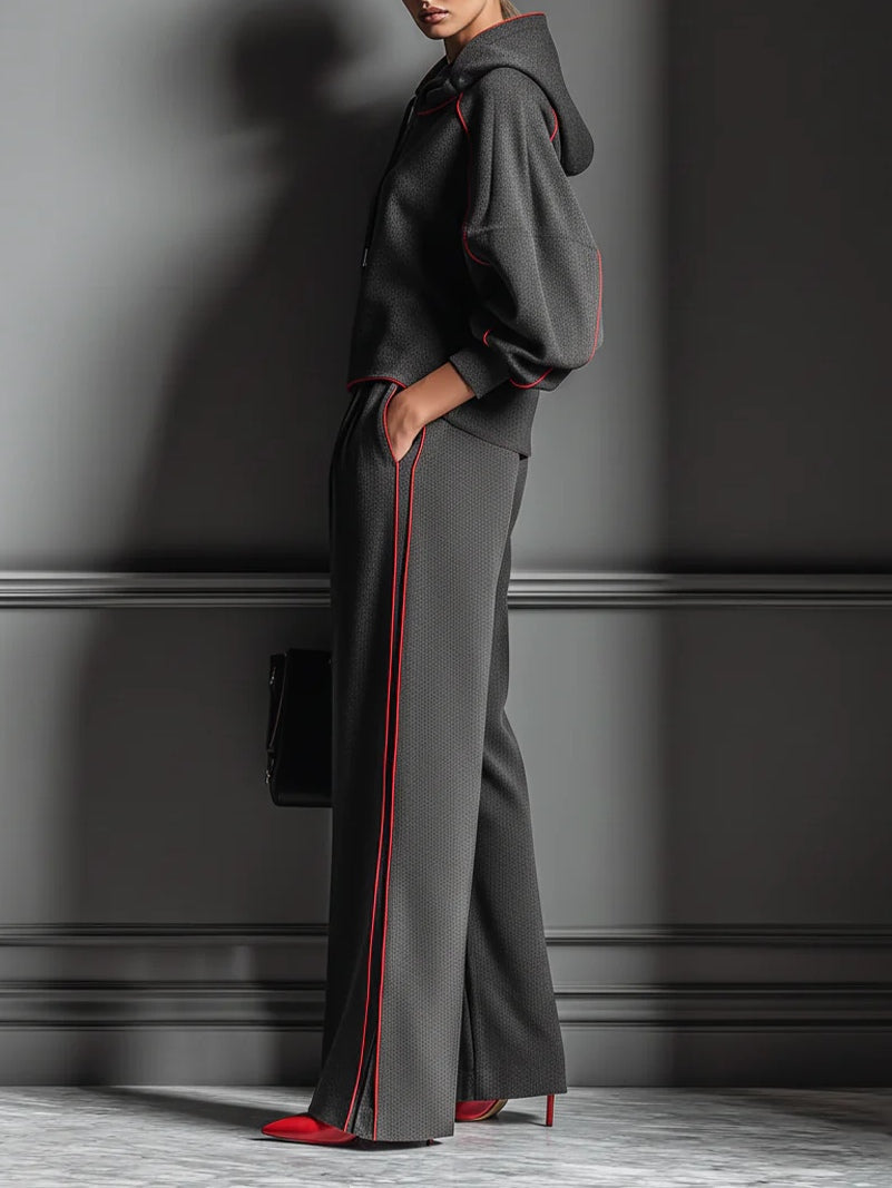 Dark Gray and Red Color-blocked Hooded Sweatshirt and Wide-leg Pants Two-piece Set-thevervian
