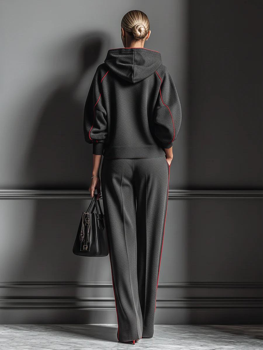 Dark Gray and Red Color-blocked Hooded Sweatshirt and Wide-leg Pants Two-piece Set-thevervian
