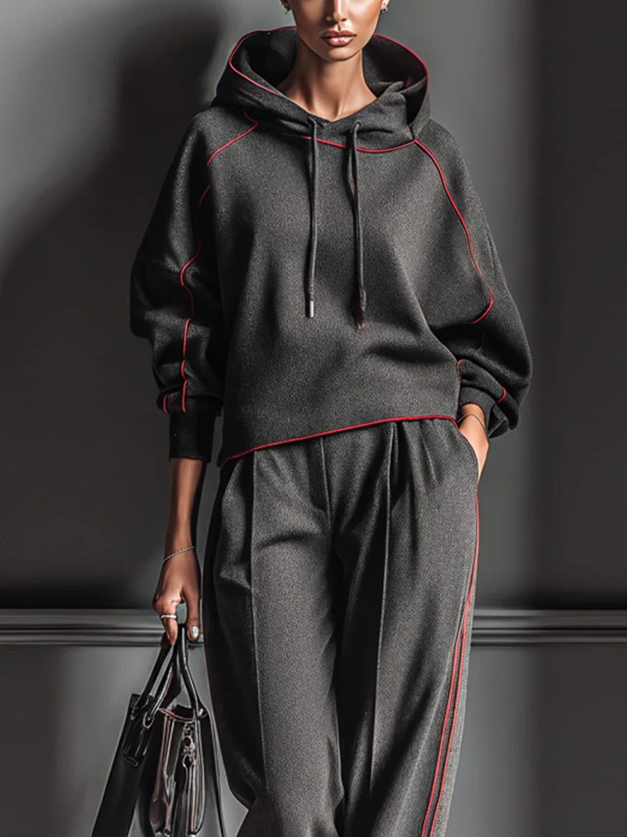 Dark Gray and Red Color-blocked Hooded Sweatshirt and Wide-leg Pants Two-piece Set-thevervian