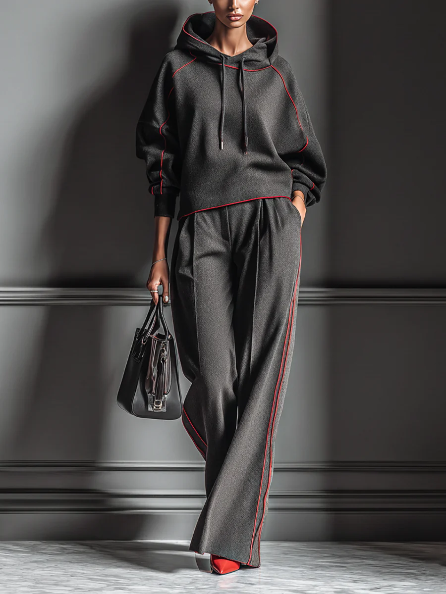 Dark Gray and Red Color-blocked Hooded Sweatshirt and Wide-leg Pants Two-piece Set-thevervian
