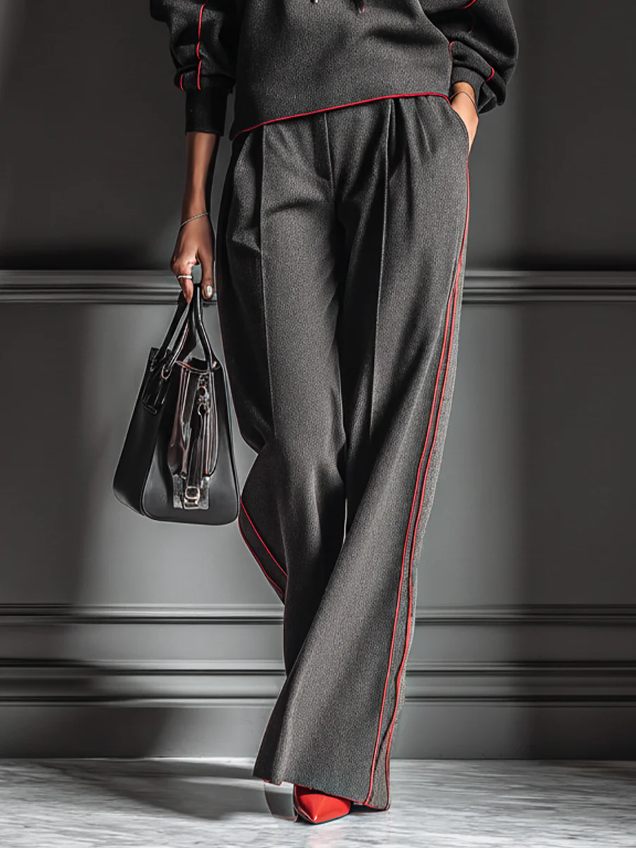 Dark Gray and Red Color-blocked Hooded Sweatshirt and Wide-leg Pants Two-piece Set-thevervian