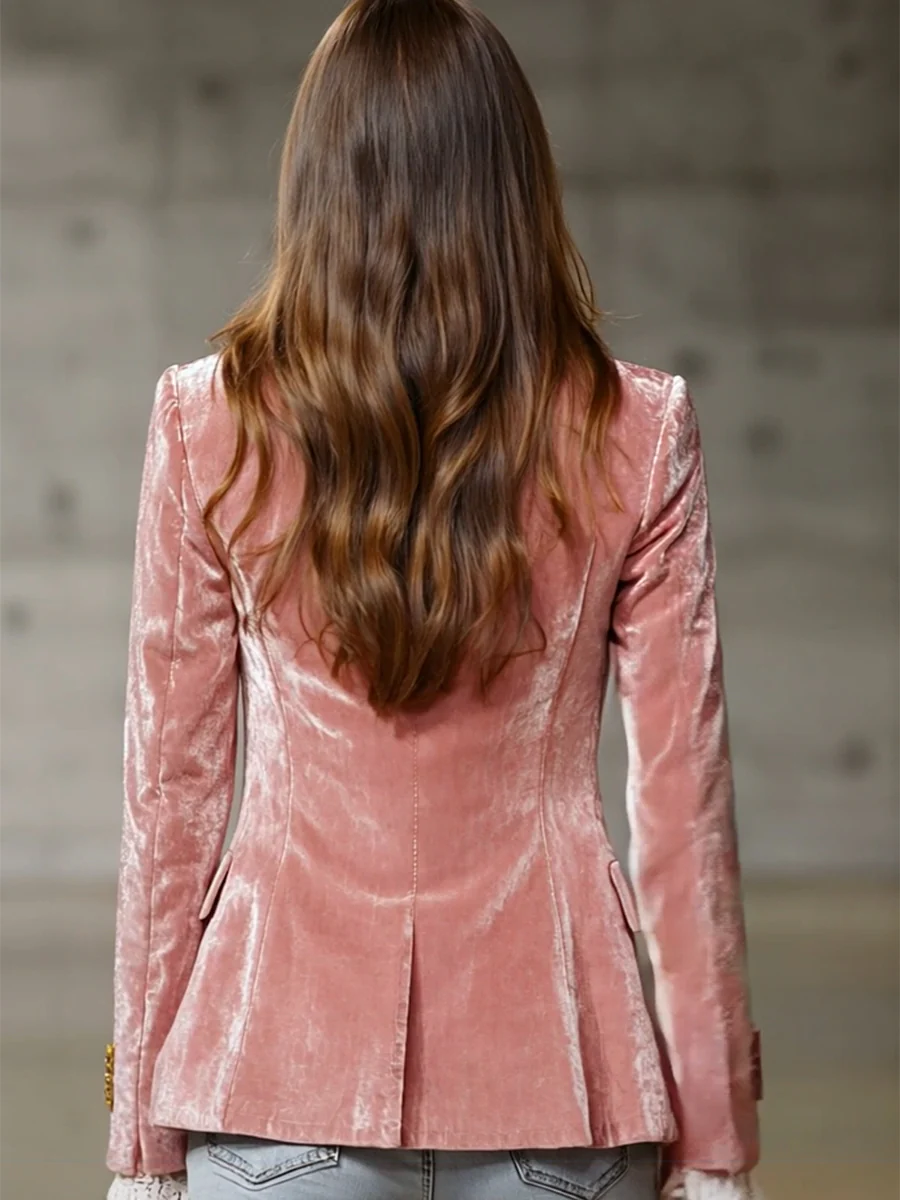 Retro Pink Velvet Gold Button Blazer-thevervian