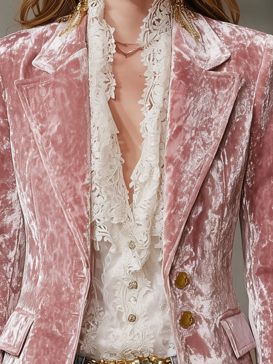 Retro Pink Velvet Gold Button Blazer-thevervian