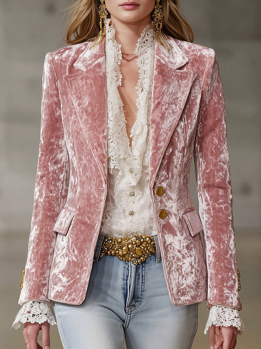 Retro Pink Velvet Gold Button Blazer-thevervian
